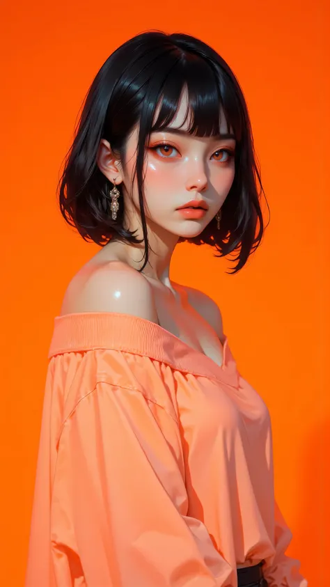 8k, masterpiece, highest quality, young Asian woman, short black hair with bangs, off-shoulder peach sweater, orange background, studio lighting, soft skin, natural makeup, modern fashion, minimalist style, warm tones, high-resolution, beauty shot, profess...