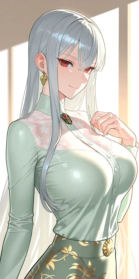 Masterpiece, elegant mature woman, selvaria bles, red eyes, casual clothes, long sleeve shirt, tall body, upper body, dynamic lighting, ultra detailed, highres, absurdres, senjou no valkyria (series), mik blamike art style, newest, light green dress with l...