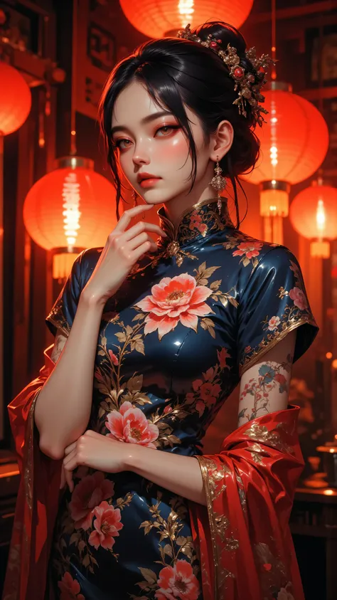 8k, masterpiece, highest quality, Asian beauty, traditional Chinese qipao dress, navy blue with vibrant floral pattern, red and gold flowers, short sleeves, high collar, intricate hairstyle with ornate hair accessories, dangling red earrings, red lanterns ...