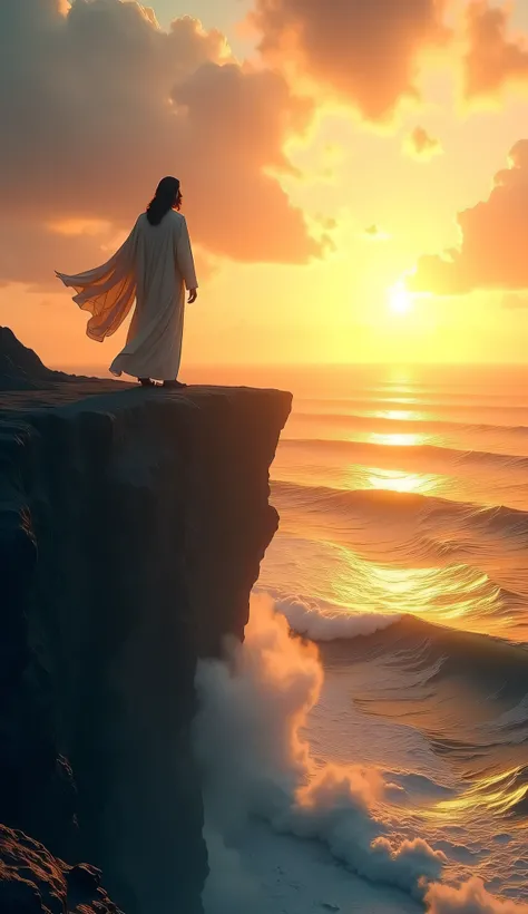 Jesus over a cliff by the ocean, the sun rising and creating golden reflections on the waves. Wind moving His garments,  Cinematic scene.