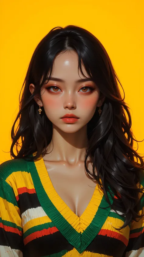 8k, masterpiece, highest quality, Asian woman, long wavy black hair, natural makeup, red lips, vibrant yellow background, colorful striped sweater, green v-neck, yellow and black stripes, fashion photography, studio lighting, soft focus, warm tones, confid...