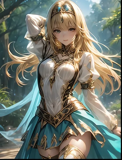 （（（ＳＦＷ、Accuracy、Highest quality、 A first-class masterpiece 、 Normal body 、32K、   detailed face 、 super precise、   Real Color 、5 fingers、Highest、3d）））Alisha、『Valkyrie Profile 2』、Golden Hair 、 long hair、 short、Big Breasts、 slender、 slim、Navel exposed、ribbon ...