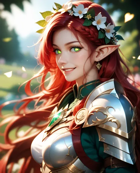 (Masterpiece), best quality, highest quality, highly detailed CG unity 8k wallpaper, original, high resolution, (depth of field: 1.5), fidelity: 1.3, Female, hourglass figure, long red hair, glowing emerald eyes, smirk, short elf ears, (side body view), (z...