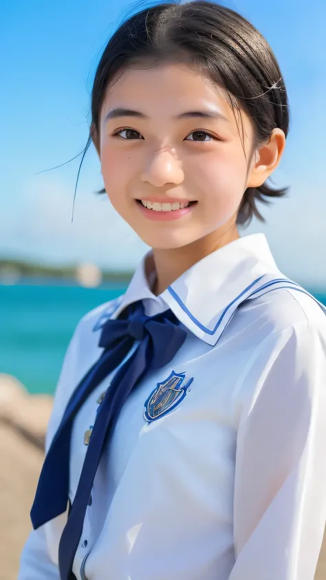 (1 Girl, alone, Japanese Girls), ,Highest quality, Tabletop, 8K, High resolution, Super detailed, (Portraiture), Recall, Black Hair, short hair, Hair Clip, Shiny skin, Flat Chest, smile, (Middle school students:1.5, uniform, White collared shirt, bow tie,...