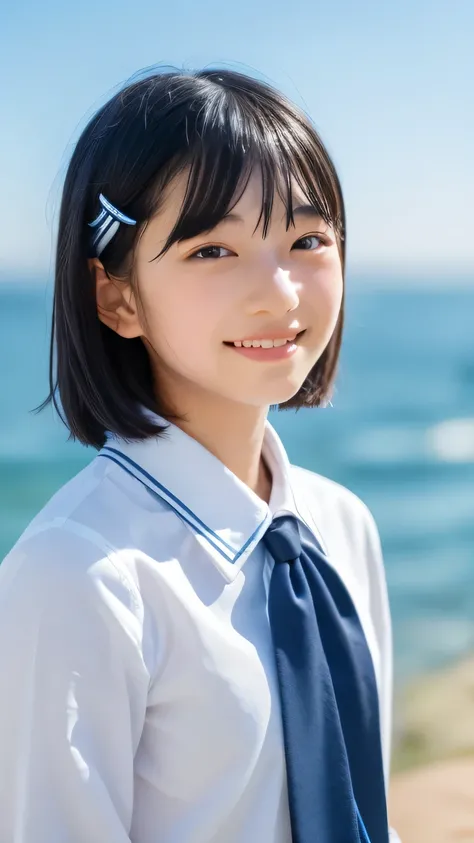 (1 Girl, alone, Japanese Girls), ,Highest quality, Tabletop, 8K, High resolution, Super detailed, (Portraiture), Recall, Black Hair, short hair, Hair Clip, Shiny skin, Flat Chest, smile, (Middle school students:1.5, uniform, White collared shirt, bow tie,)...