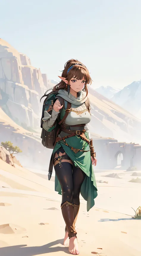 ((best quality))) (((HD))) (((8k))) (character) 20-year-old woman, ((adventurous)), freckles, elf, short stature and plump, chunky ((medium breasts)), (wide hips), long pointy ears, ((beautiful)), ((brown hair)) and ((very long hair)), (leather hair band:1...