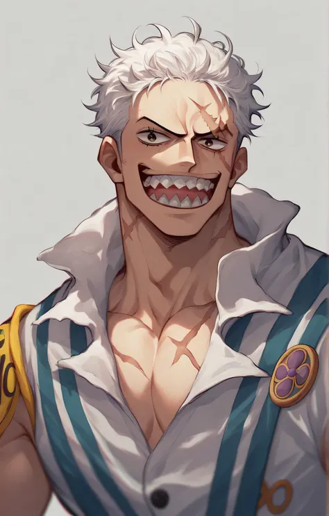 (One piece art style) character design, one piece marine outfit, man in white navy clothes from one piece, short white messy hair,  katakuri, scars on body and sides of mouth, sharp teeth poking out