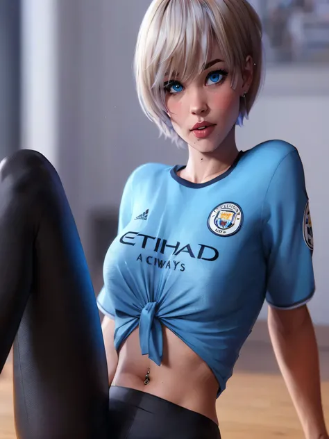 , girl with short blonde Pixie hair, blue eyes, juice lips,wearing a Manchester city shirt,shirt tied at the bottom showing the belly,belly button piercing, and black leggings, bust, thick thighs sitting 