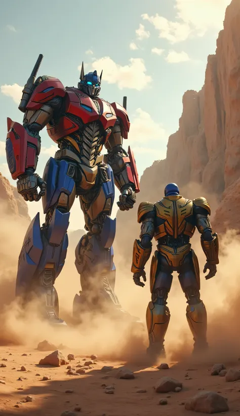 A towering Transformers Prime-style robot and Thanos face off in a vast, barren desert, surrounded by swirling sand and ancient, shattered rocks. The Transformer, with metallic armor red and blue , glowing blue optics, and powerful mechanical limbs, stands...