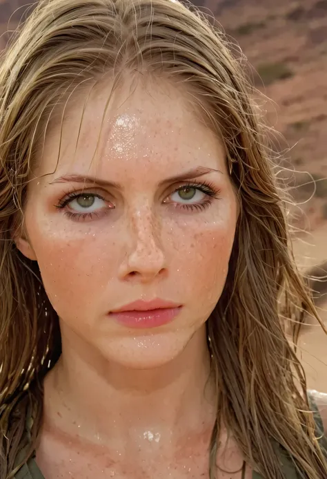 score_9,score_8_up,score_7_up,  a extreme beautiful 18yo woman, (((high detailed face))), (((hiper realistic face))), ((high detailed eyes)). Create an image of a thin, athletic woman, ((wet hair)), dirty, She is a soldier in a war and desert environment. ...