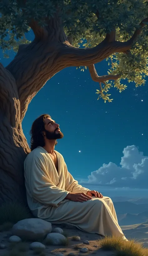 Jesus under the shade of an olive tree, a light breeze moving the leaves as the stars shine brightly above. Emotionally filled symbolic scene.