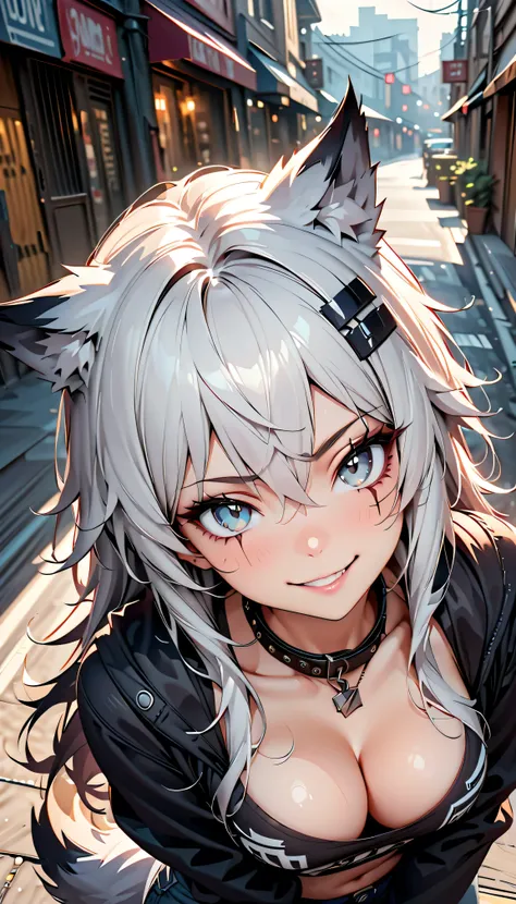 ((masterpiece)), ((best quality)), ((high resolution)), ((Extremely detailed CG unified 8k wallpaper, Best aesthetics), ((high_quality)), ((Super_Detailed)), Top view, solo, Lappland \(arknights\), Emo hairstyle, Black lips, Black lipstick, Smirk, Grey eye...