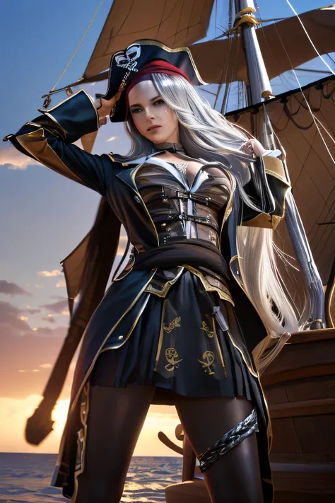 Perfect Anatomy　top quality, highest resolution,(((black shiny pirate clothes　shiny silver hair　 long hair　 shiny skin)))　Age of Discovery　Wooden sailing ship　Sailor　adult woman　Age 35　1700s　pirate