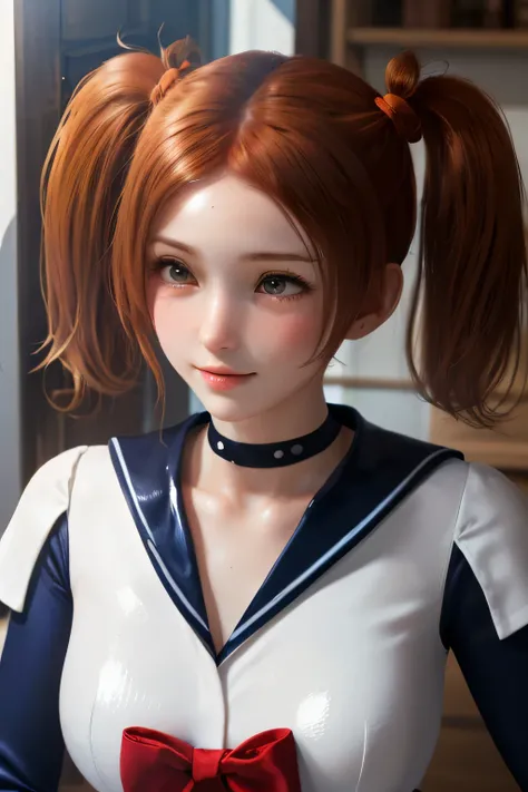 Perfect Anatomy　top quality, highest resolution,(((blue and white shiny sailor suit　shiny dark orange hair　twin tails　shiny skin)))　Age of Discovery　Wooden sailing ship　Sailor　 girl　1700s