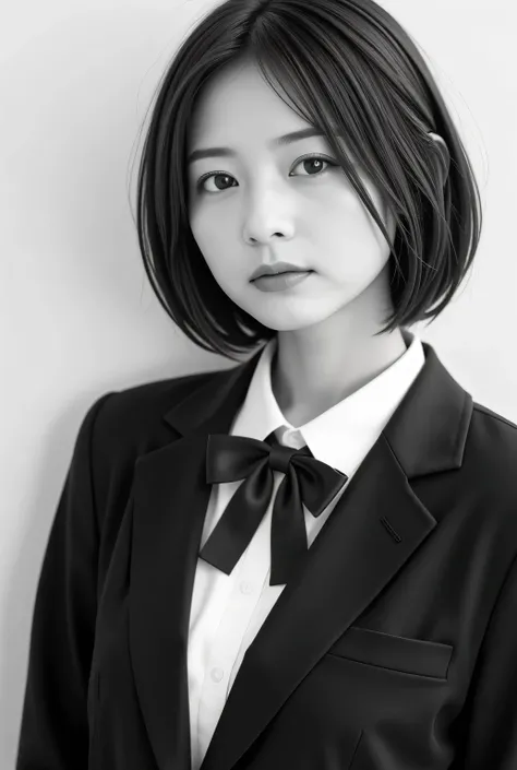 black and white photo of a retro female student:1.331, by Nomi, Beautiful Japanese woman's face, I am presenting a cassette tape:1.5, front view :1.37, Black and White Photography:1.37, Black and White Photography:1.37, Very by Nomi photos, standing, f...