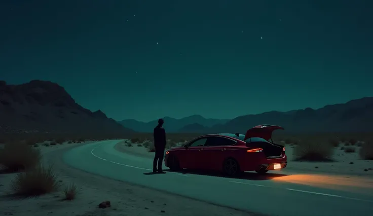 A dark Mexican desert at night, with an empty, dusty road running through it. In the middle of the road, a red Ford Fusion is parked, its headlights casting faint beams into the vast, barren landscape. A lone man, dressed in dark clothing, stands beside th...