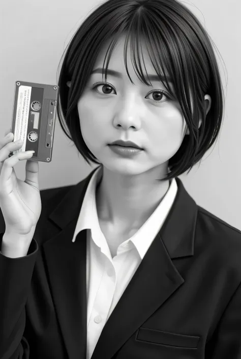 black and white photo of a retro female student:1.331, by Nomi, Beautiful Japanese woman's face, presenting a cassette tape:2.0, 1970's cassette tape:2.0, front view :1.37, Black and White Photography:1.37, Black and White Photography:1.37, Very by Nomi ...