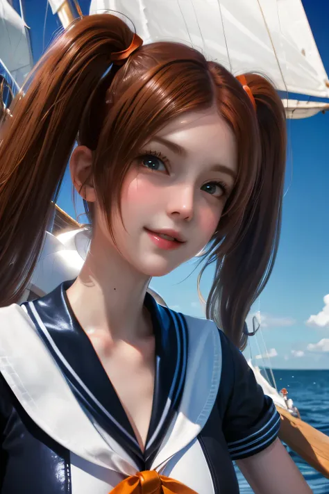 Perfect Anatomy　top quality, highest resolution,((( shiny sailor suit　shiny dark orange hair　twin tails　shiny skin)))　Age of Discovery　Wooden sailing ship　Sailor　 girl　1700s