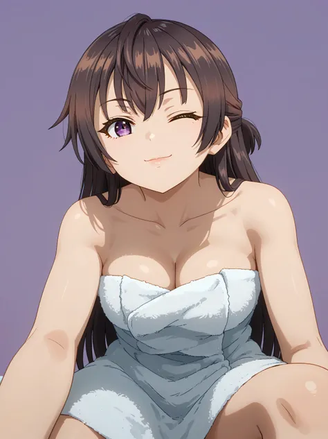 score_7_up, anime screencap, anime coloring,
1girl, light smile,
long hair, brown hair, hair between eyes, multicolored eyes, half updo, sitting, looking at viewer, cowboy shot, blurry background, simple background, purple background, cleavage, siple backg...