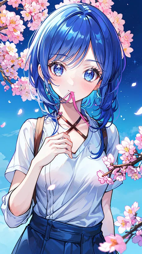 a beautiful young woman with blue hair in a ミディアムヘアー, light blue eyes, beautiful detailed eyes and sparkling features, a light smile and blushing cheeks, mouth slightly open, against a backdrop of a cherry blossom sky, masterpiece, ultra-detailed, highly r...