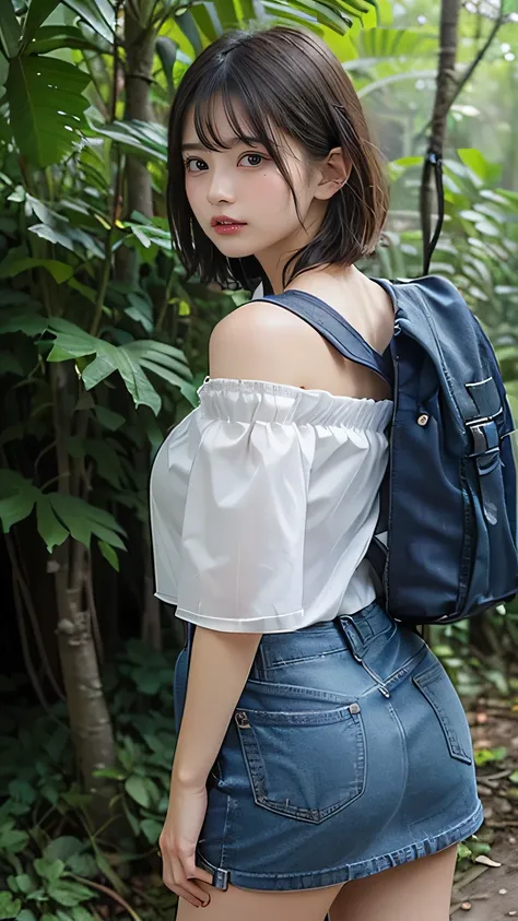     VERY WELL DETAILED CG Unity 8K Wallpaper、   Top quality, beautiful eyes 、   very well detailed、    masterpiece、reality、reality、   very well detailedなかわいい女の子、(( Foggy Jungle:1.5))、((  hiking with a backpack  :1.5))、(( taken from behindした高解像度詳細写真:1.4))、(...