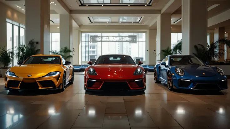 A comparison image of the 2026 Toyota Supra, Nissan Z Nismo, and Porsche 718 Cayman side by side in a luxury showroom, allowing viewers to see the differences in design.
