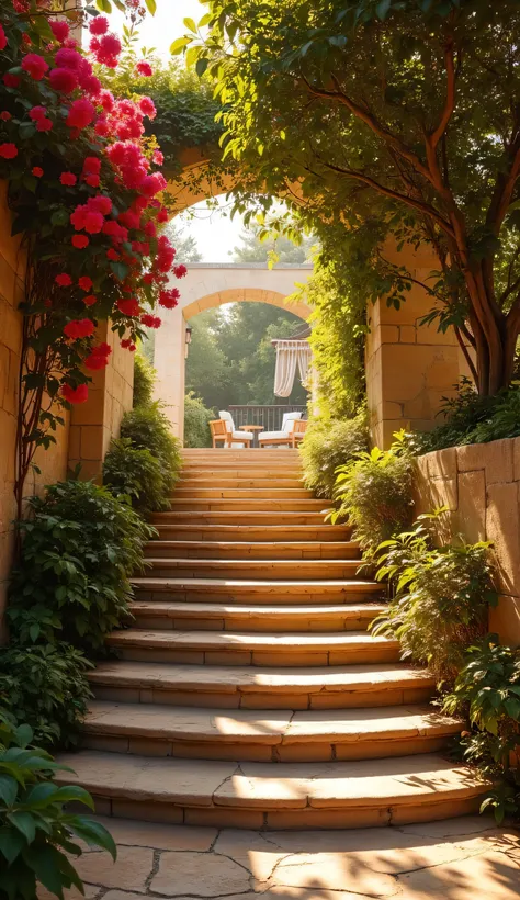 
"A beautifully crafted stone staircase bathed em golden sunlight, leading to an elegant Mediterranean-style villa. The steps are worn yet polished, exuding history and sophistication. Lush greenery and vibrantly blooming bougainvillea frame the pathway, c...