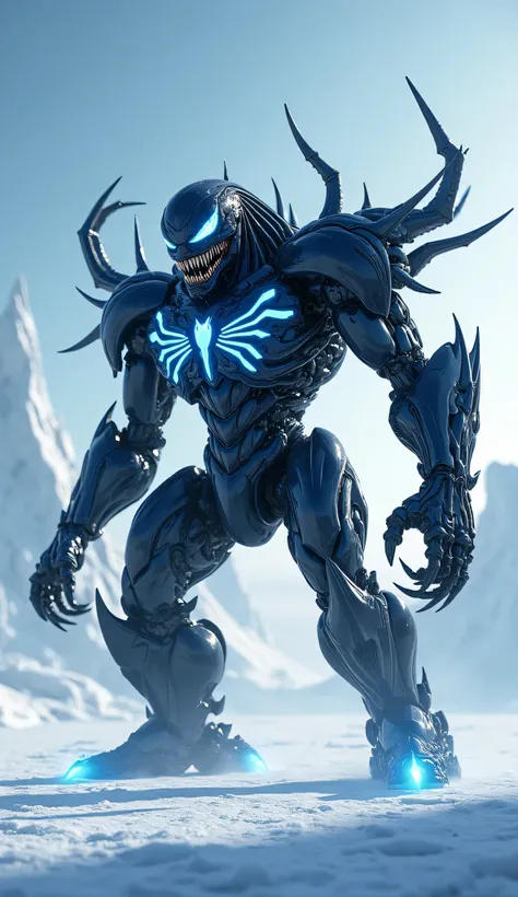 A monstrous hybrid of Venom and Transformers Prime stands in a vast icy landscape. Its body is a fusion of sleek Cybertronian armor and Venom's organic, black symbiote tendrils, forming a terrifying yet powerful beast. Glowing blue energy pulses from its m...