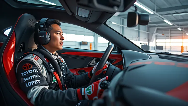 A professional driver sitting in the 2026 Toyota Supra, gripping the steering wheel with racing gloves, ready to test the car on an indoor test track.
