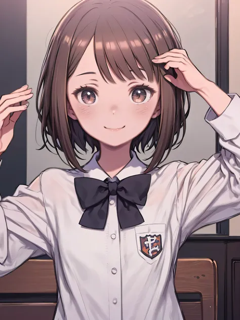  school classrooms、  insanely detailed face 、Light color、 hand drawn style, **** student、 high school girl、  high school uniforms  、smile、facade、 upper body、 brown hair、Short Hair、 upper body