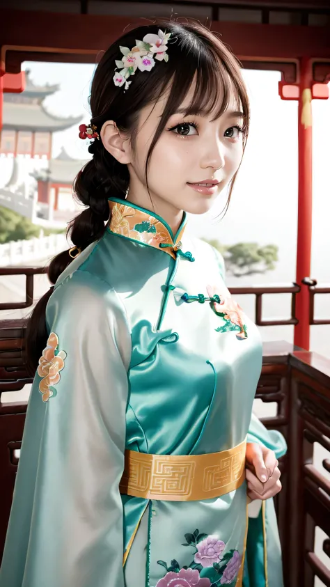 by Nomi, Masterpiece, top quality, anatomically correct, accurate human body structure, 7 heads, Height: 165cm, A Japanese woman , profile, stares at viewers, open your mouth and smile , Staring at the Audience, fine, beautiful eyes , with sparkl...