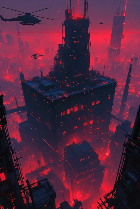 a inmensive jailhouse surrounded by futuristic helicopters and drones, cyberpunk vibes, a cyberpunk dystopian communism city at night in the background, covered in red neon lights. retro anime style, high quality, UHD, retina, masterpiece, accurate, anatom...