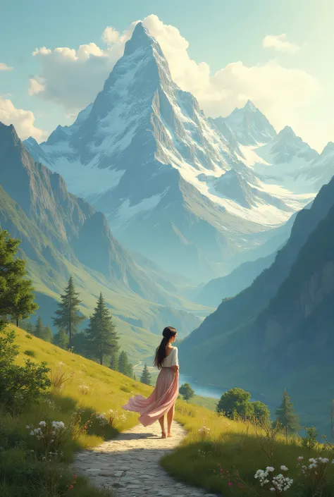 A woman walking and behind her a whole mountain and valleys