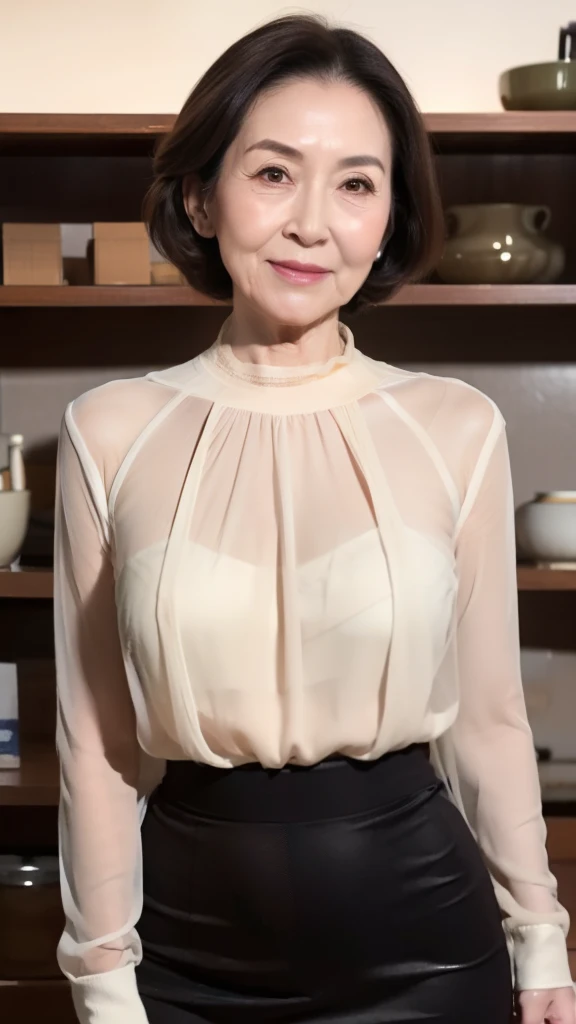 HD,  HD,   Attention to Details ,  masterpiece,   Anatomically Accurate ,  sharp, (( Japanese,Mature Woman)),(80 years old:1.5),(old woman:1.6),(( facial wrinkles)), Long light brown hair , bangs,(((stand up,))),View photographer ,   stares straight ahead,...