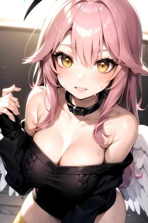 jibril, BREAK jibril, angel, angel wings, collar, animal ears, bird ears, compass rose halo, feathered wings, feathers, gradient hair, halo, long hair, low wings, multicolored hair, pink hair, symbol-shaped pupils, big breast, white wings, wing ears, wings...