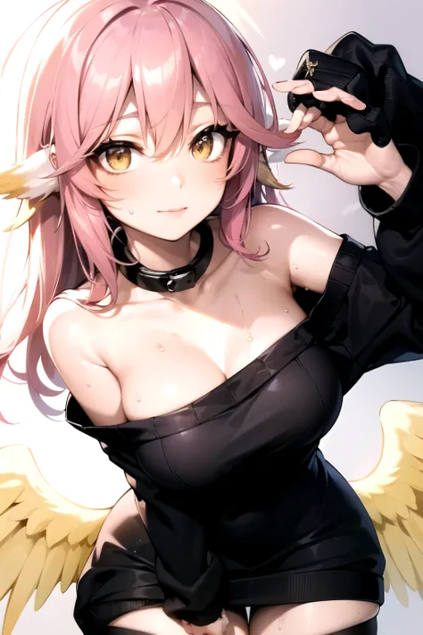 jibril, BREAK jibril, angel, angel wings, collar, animal ears, bird ears, compass rose halo, feathered wings, feathers, gradient hair, halo, long hair, low wings, multicolored hair, pink hair, symbol-shaped pupils, big breast, white wings, wing ears, wings...