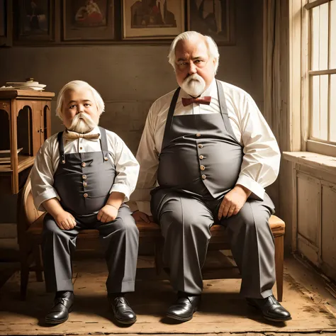 /imagine promt a creppy man of 60 years old, with long mustache and short blonde hair, dressed with elegant suit, the man is with a terrifying and dirty doll that looks as a body of a  fat  without mustache and he have dressed an apron, they are sit down i...