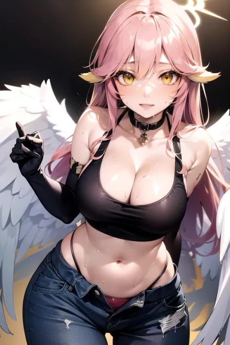 jibril, BREAK jibril, angel, angel wings, collar, animal ears, bird ears, compass rose halo, belly button, feathered wings, feathers, gradient hair, halo, long hair, low wings, multicolored hair, pink hair, symbol-shaped pupils, breast tattoos, shoulder ta...