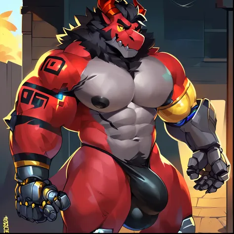 Solo, male, Anthro (((dragon, yellow sclera, black eyes, black pupils, broad shoulders, muscular, big pecs, deltoids, biceps, abs, thin waist, black nipples, red body, red scales, black hair, mane, black horns, big horns, ears, metal jaw, cybernetics, cybe...