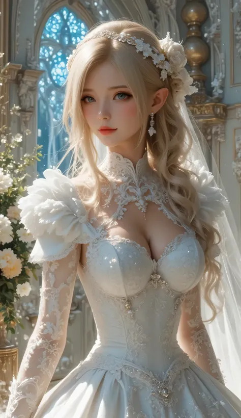  best quality , Super quality, 16k,  Unbelievably Absurd,  very detailed,  lovely photo,  delicate and dynamic,  Kiri Reina female,  seductive smile,  pure white wedding dress ,  great style , bouquet,  steampunk,  DIESEL PUNK ,  clock punk ,  cyberpunk, G...