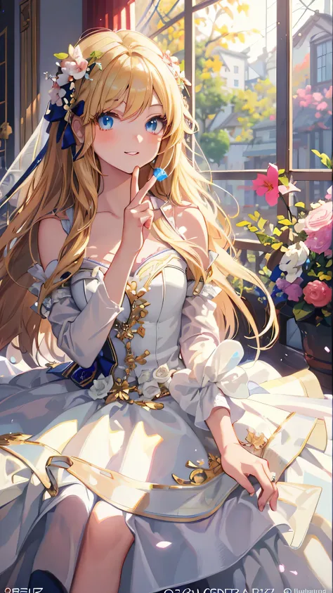 anime girl in a wedding dress sitting on a window sill, beautiful fantasy maiden, anime barbie in white, blonde - haired princess, beautiful anime girl, beautiful alluring anime woman, beautiful maiden, cute anime waifu in a nice dress, artwork in the styl...