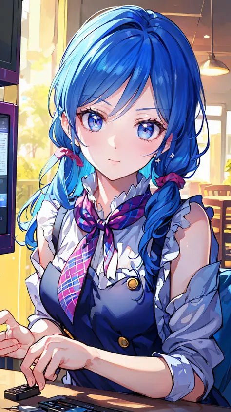 a beautiful young woman with long blue hair, medium length hairstyle, bust-up portrait, wearing casual date outfit, playing in an arcade, 20 years old, aikatsu, aoi kirisame ai, (best quality,4k,8k,highres,masterpiece:1.2),ultra-detailed,(realistic,photore...