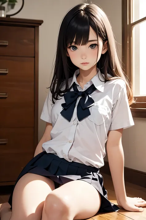 masterpiece,girl,petites,pale skin,realistic,Age 15,bangs,school uniform,small breasts,face, beauty、 pose 