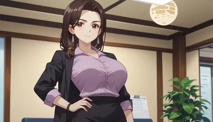  score_7_arriba, anime screenshot,
gotouairi ,
1 girl, Alone,  closed mouth ,  light smile, maduro,
 long hair,  brown hair,  hair over the shoulder,  Brown Eyes,  moon under the eye ,  pending,
 black jacket , purple shirt, neckline, huge breasts,Pencil s...