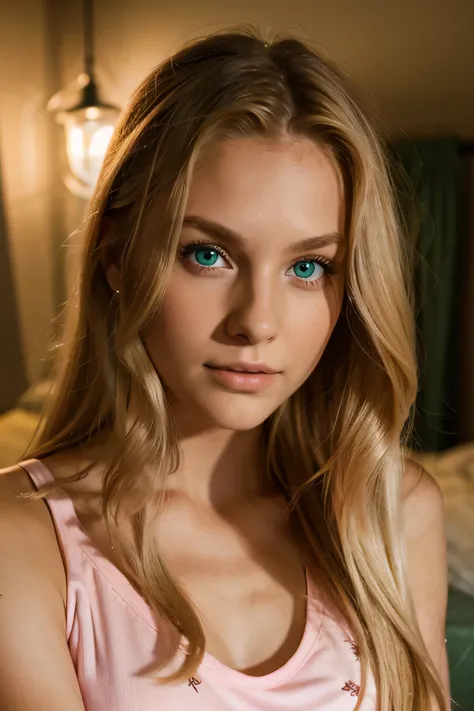 Female 22 year old Canadian super model long blonde hair, Green eyes wearing pink pajamas sleeveless shirt,  at night. Well lit looking at the camera focusing on the face.