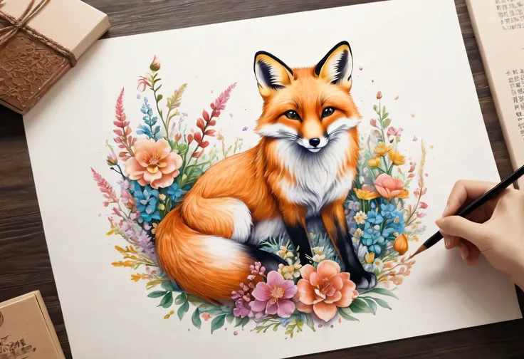 a close up of a drawing of two Fox with flowers, Fox, , The love of Fantasy Fox, Fox Sculpture Art ,   detailed beautiful animals  , Fox and deer,  fox people , 3 types of forest creatures,  Digital Fox,  beautiful fox lady , Whimsical Fox, , cute detailed...