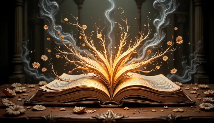 A majestic fairy-tale book, its spine gilded with intricate filigree, lays open upon a dimly lit antique desk. Double exposure reveals glowing spring’s flowers  sprawling across the left page, , while summer sunny shimmers on the right,. A spectral echo of...