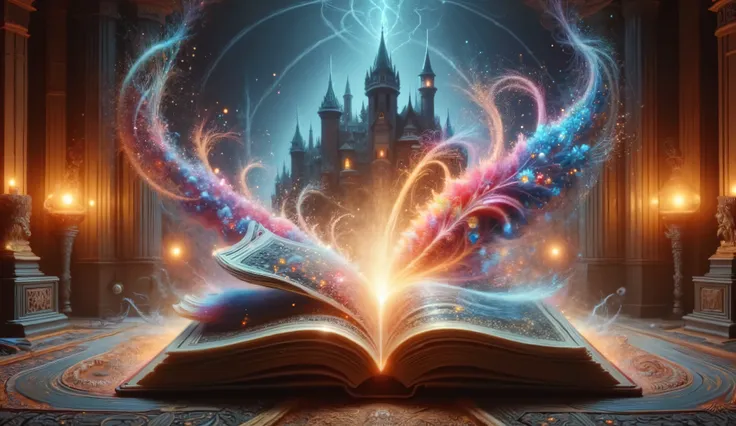 A majestic fairy-tale book, its spine gilded with intricate filigree, lays open upon a dimly lit antique desk. Double exposure reveals glowing spring’s flowers  sprawling across the left page, , while summer sunny shimmers on the right,. A spectral echo of...