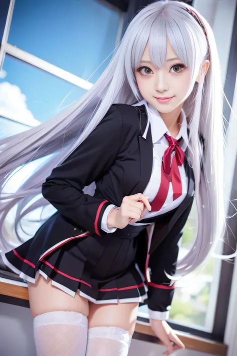 Anime girl in uniform standing in front of a building with long white hair,  realistic high school girls , a hyper realistic high school girls , hyper realistic high school girls ,  anime girl with long white hair、The name Lucy,   Beautiful Anime High Scho...