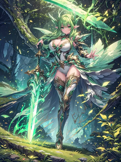 (((masterpiece, best quality, high detailed, 16k))), Mystical mature female elf holding a huge sword in her hand, Ornate Sword, emerald green sword, green eyes, green long hair, big breasts, white bikini dress, cropped shoulders armor, (giant sword), (clos...